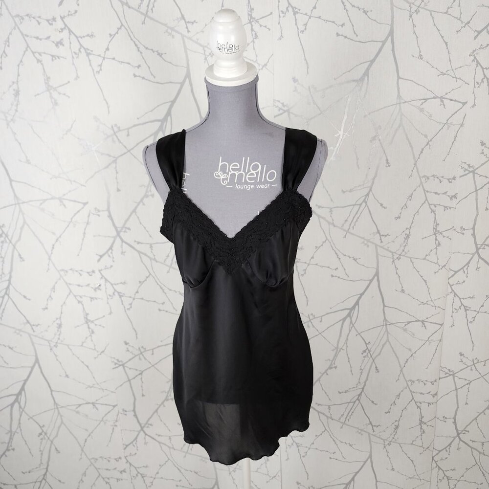 Nine West Black Satin Lace Trim Babydoll Slip Dress